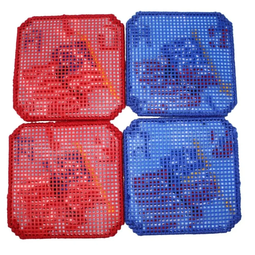 Handmade Patriotic Flag USA Stitched Yarn Needlepoint Plastic Canvas Coasters - Picture 2 of 3